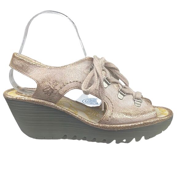Fly London Women's Yifa Gold Lace Up Wedge Sandal Size 38 US 7.5/8 - Picture 1 of 13